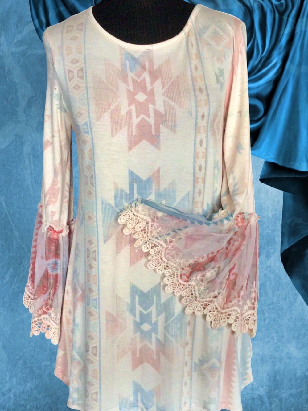 ORIGAMI Women’s (S) Boho Southwest Tunic Top Lace Bell Sleeve Ivory 30.00
